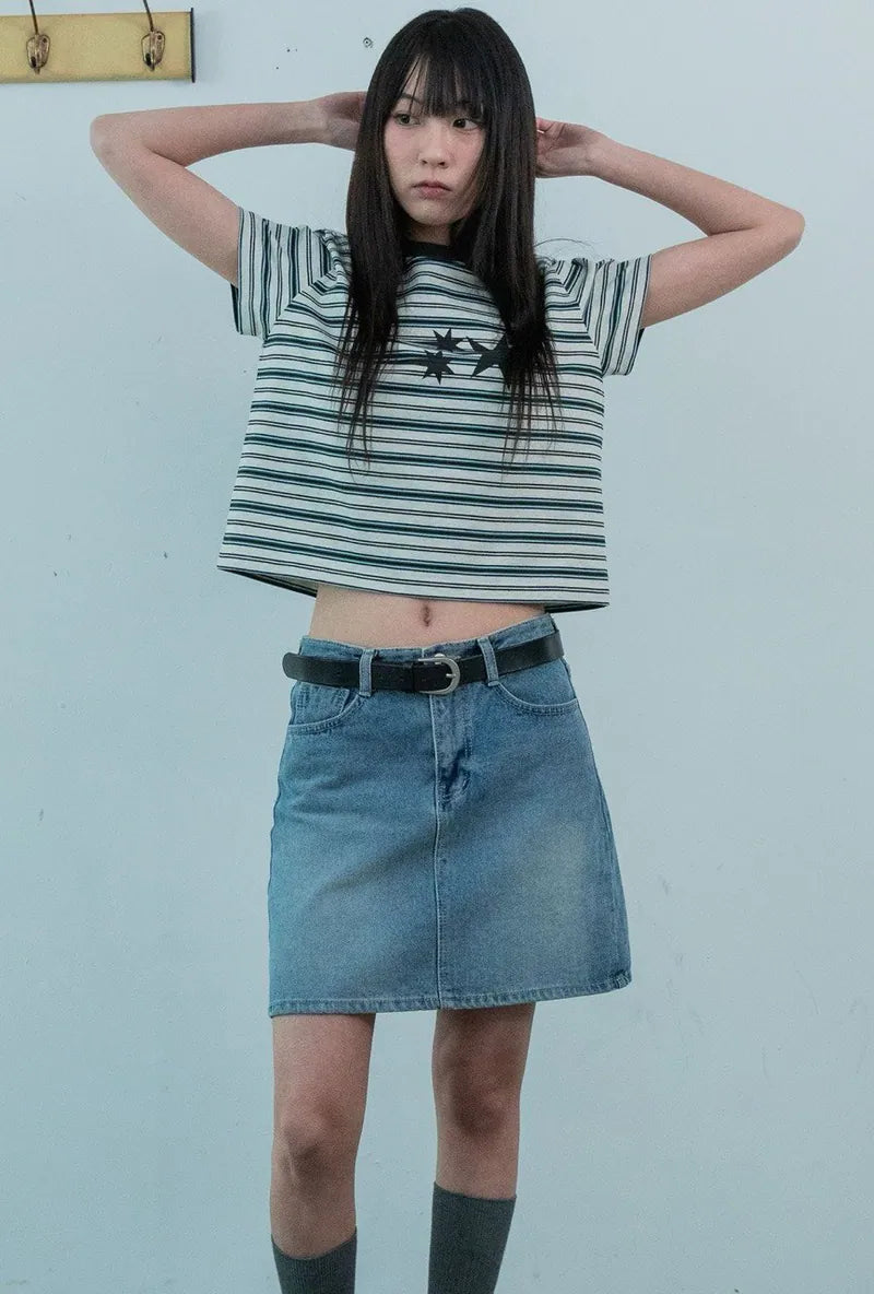 【niceghostclub】  stripe 3star basic tee [ oatmeal / navy ]