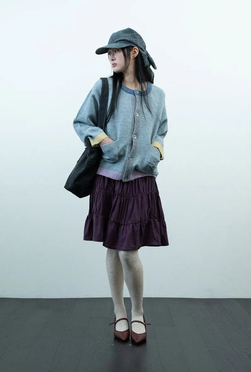 【niceghostclub】COLOR BLOCK KNIT CARDIGAN [GREY / IVORY]