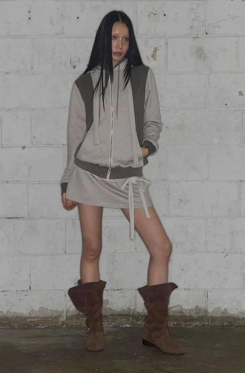 【Fancy Club】DYE-WASH LAYERED HOODED ZIP-UP [Charcoal / Brown]