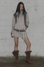 【Fancy Club】DYE-WASH LAYERED HOODED ZIP-UP [Charcoal / Brown]