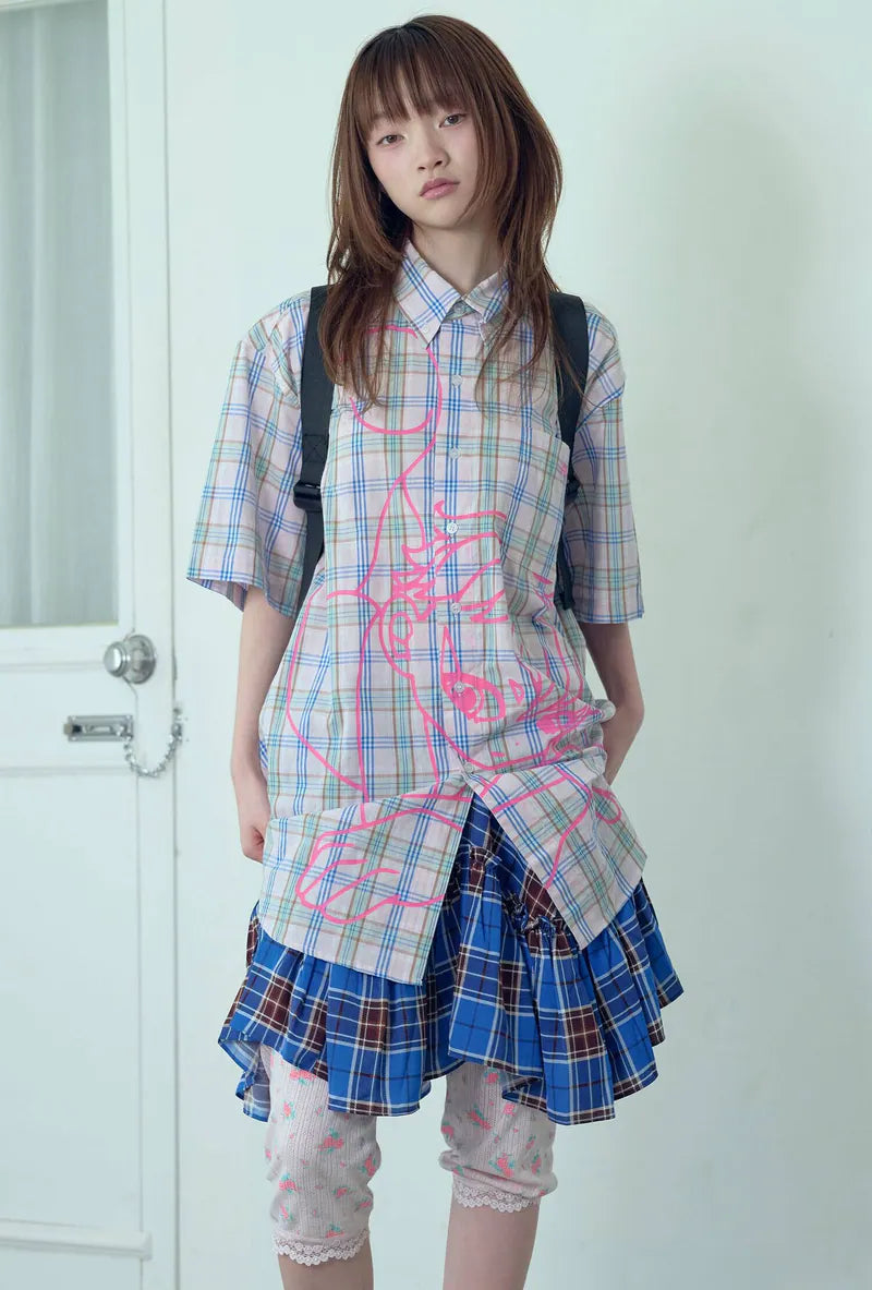 【niceghostclub】angel check big big half shirt [ blue / pink ]
