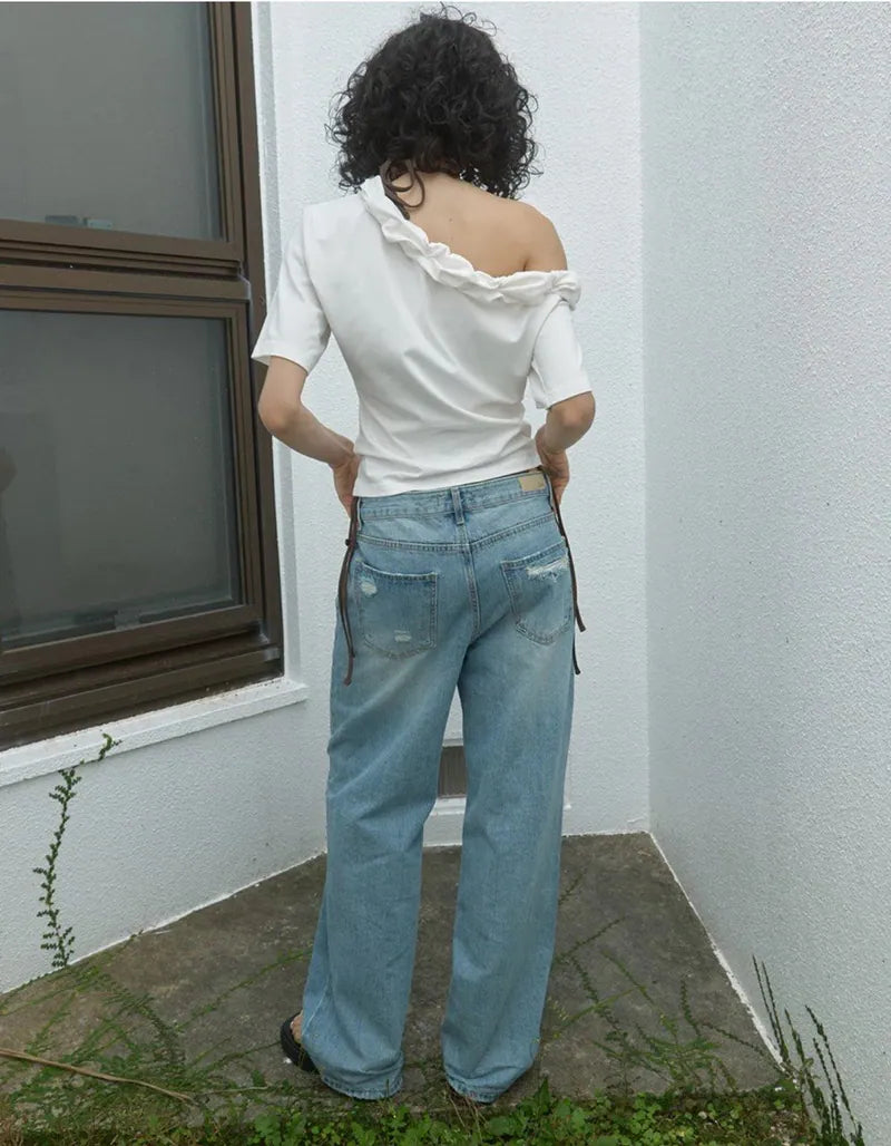 【kijun】Twist One-Shoulder Top [Off-White / Charcoal]