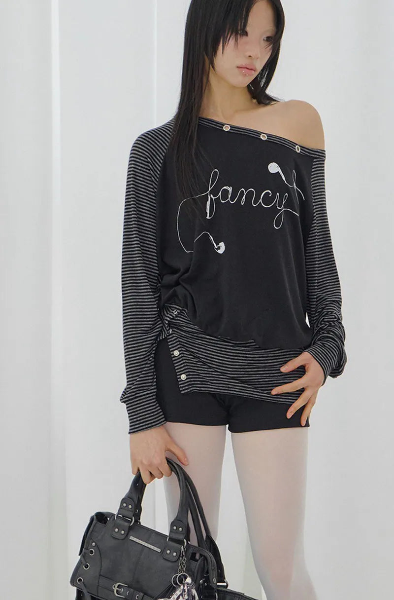 【Fancy Club】DRAWING STRIPE OFF-SHOULDER [Gray / Black]