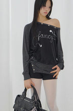 【Fancy Club】DRAWING STRIPE OFF-SHOULDER [Gray / Black]