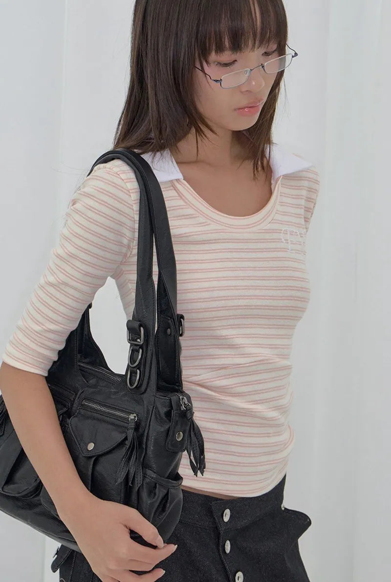 【Fancy Club】SOFT FANCY COLLAR TOP [Pink / Black]