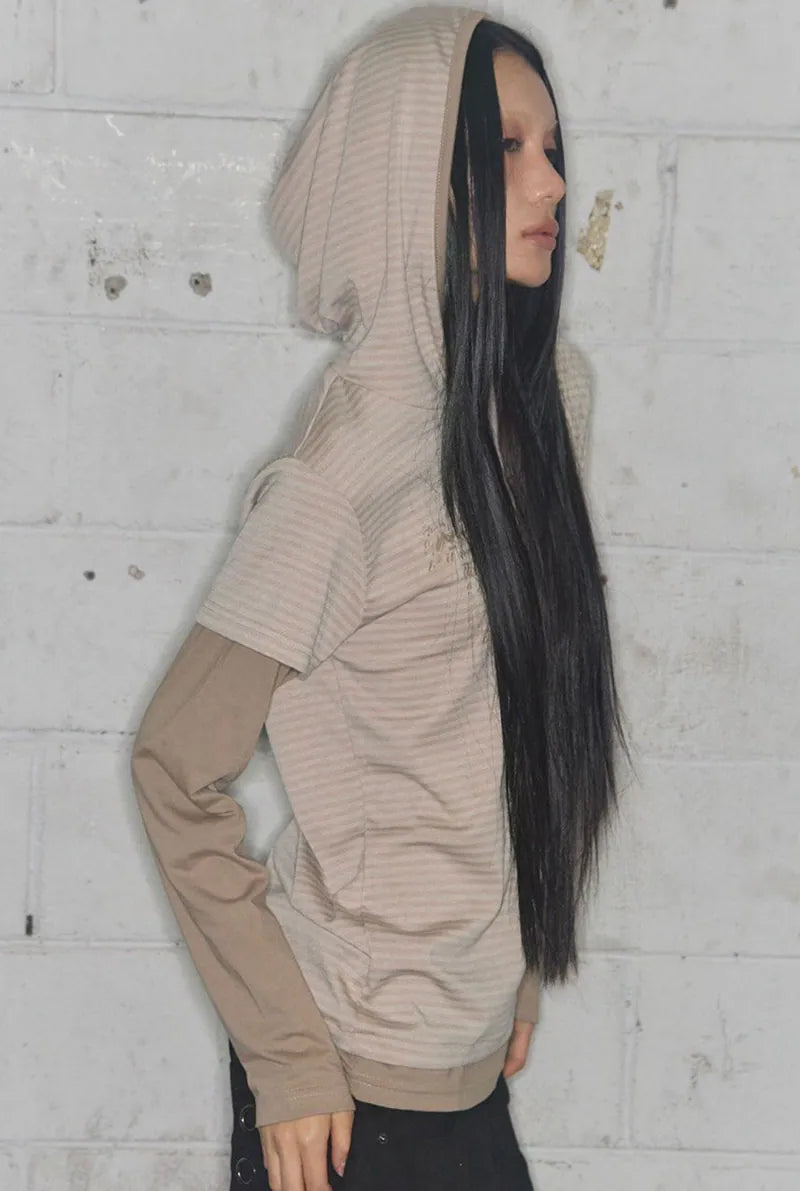 【Fancy Club】STRIPE LAYERED HOODIE [Beige / Black]