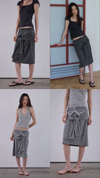 【ORDES】STRIPE WRAP TIE SKIRT - GREY / CHARCOAL