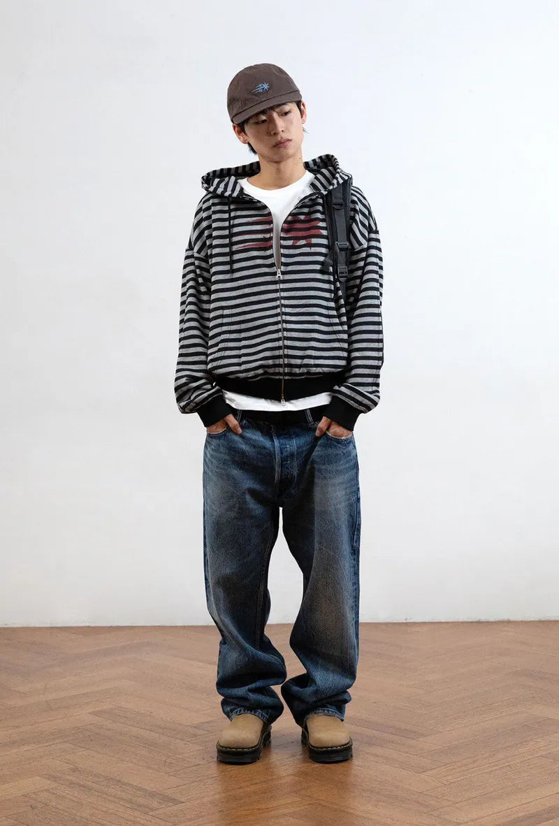 【niceghostclub】STRIPE RUSH 3STAR HOODIE ZIP UP [ GREY / BLACK ]