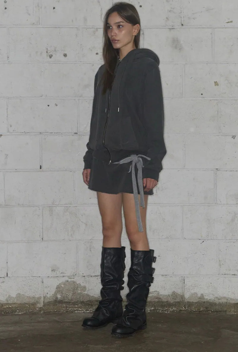 【Fancy Club】DYE-WASH LAYERED HOODED ZIP-UP [Charcoal / Brown]