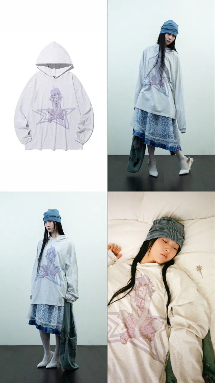 【niceghostclub】STAR GIRL BIGBIG HOODIE [ LIGHT GREY ]