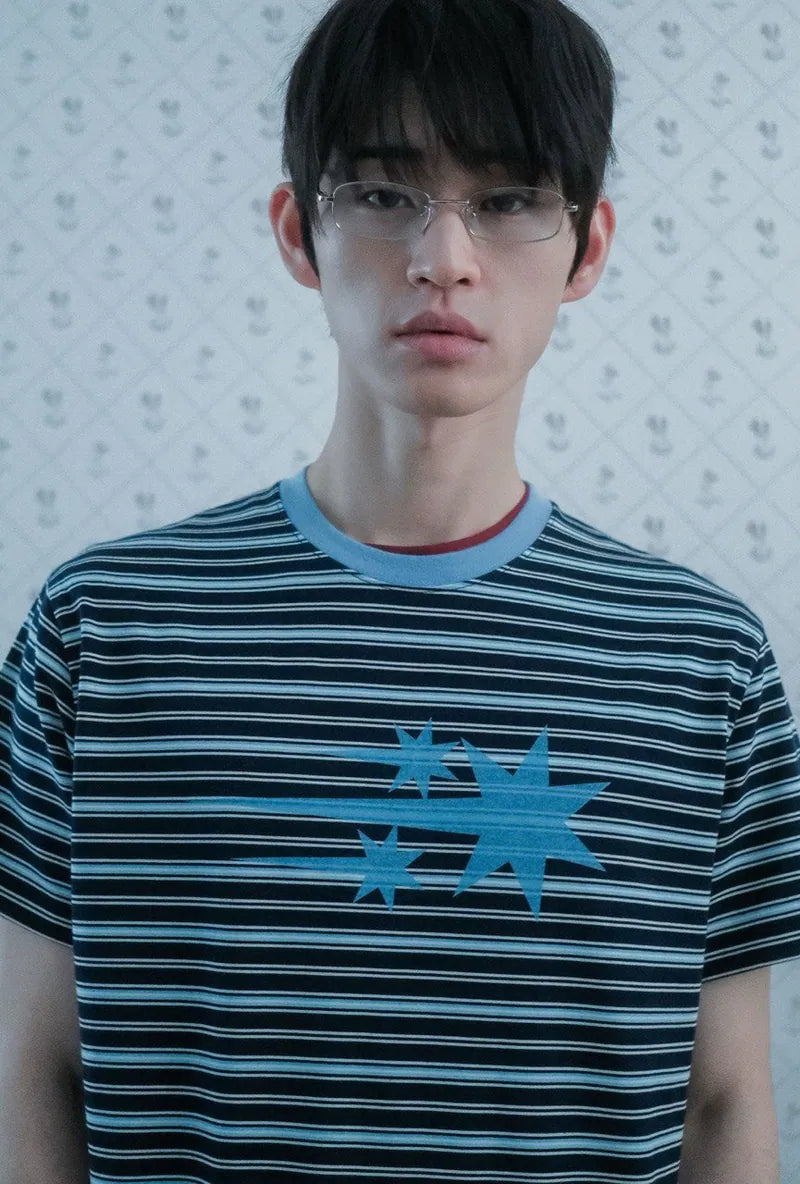【niceghostclub】  stripe 3star basic tee [ oatmeal / navy ]
