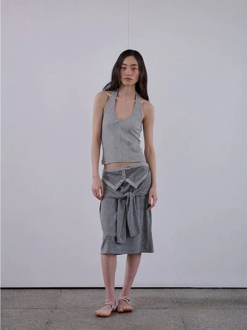 【ORDES】STRIPE WRAP TIE SKIRT - GREY / CHARCOAL