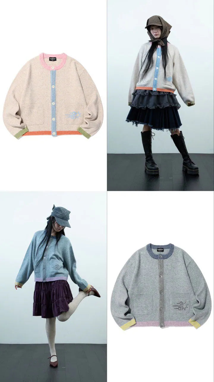 【niceghostclub】COLOR BLOCK KNIT CARDIGAN [GREY / IVORY]
