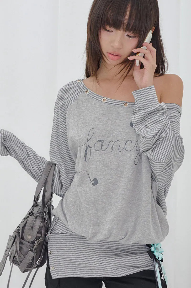 【Fancy Club】DRAWING STRIPE OFF-SHOULDER [Gray / Black]