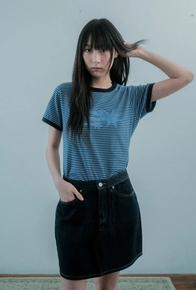 【niceghostclub】 stripe rush 3star ringer crop tee [ black / navy ]