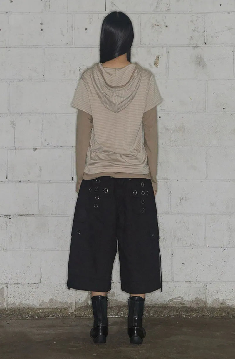 【Fancy Club】STRIPE LAYERED HOODIE [Beige / Black]
