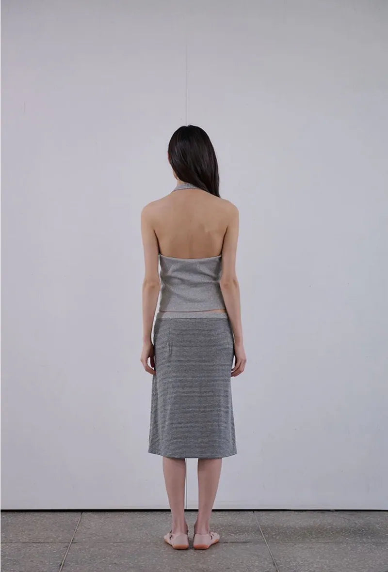 【ORDES】BUTTONED COWL HALTER TOP - GREY / CHARCOAL