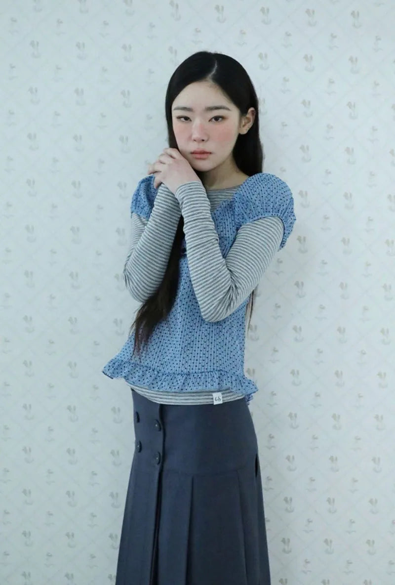 【Uglyshadow】 DOT SHIRRING BLOUSE [ BLACK / BLUE ]