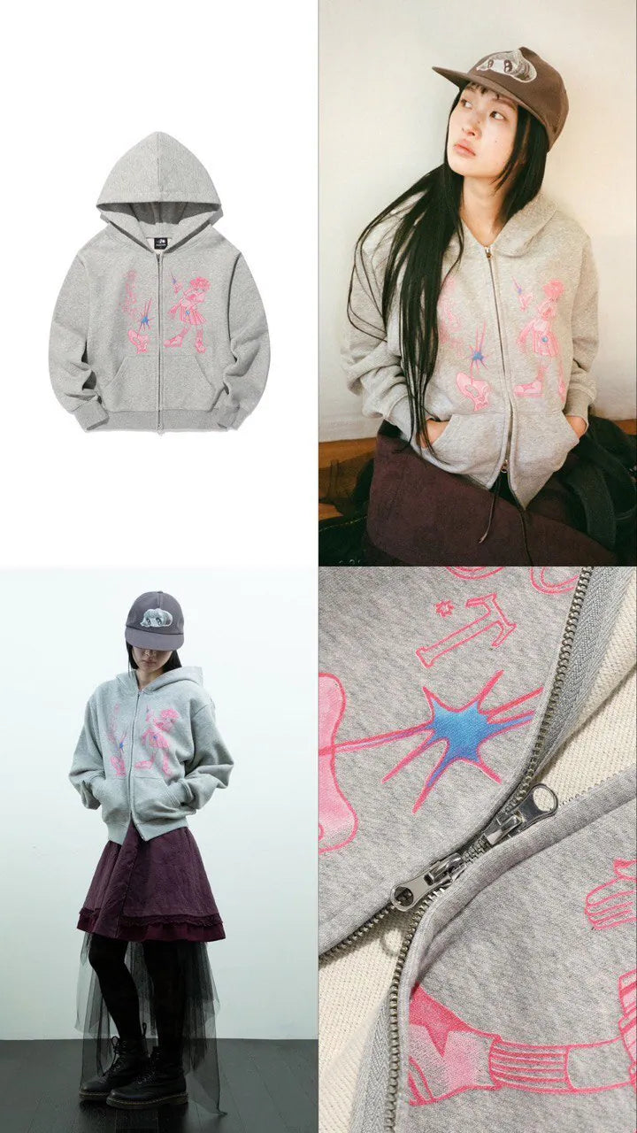 【niceghostclub】STAR SHOES GIRL HOODIE ZIP UP [ LIGHT GREY ]