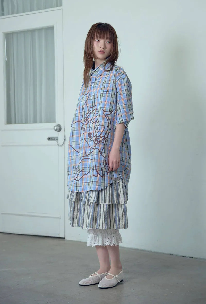 【niceghostclub】angel check big big half shirt [ blue / pink ]