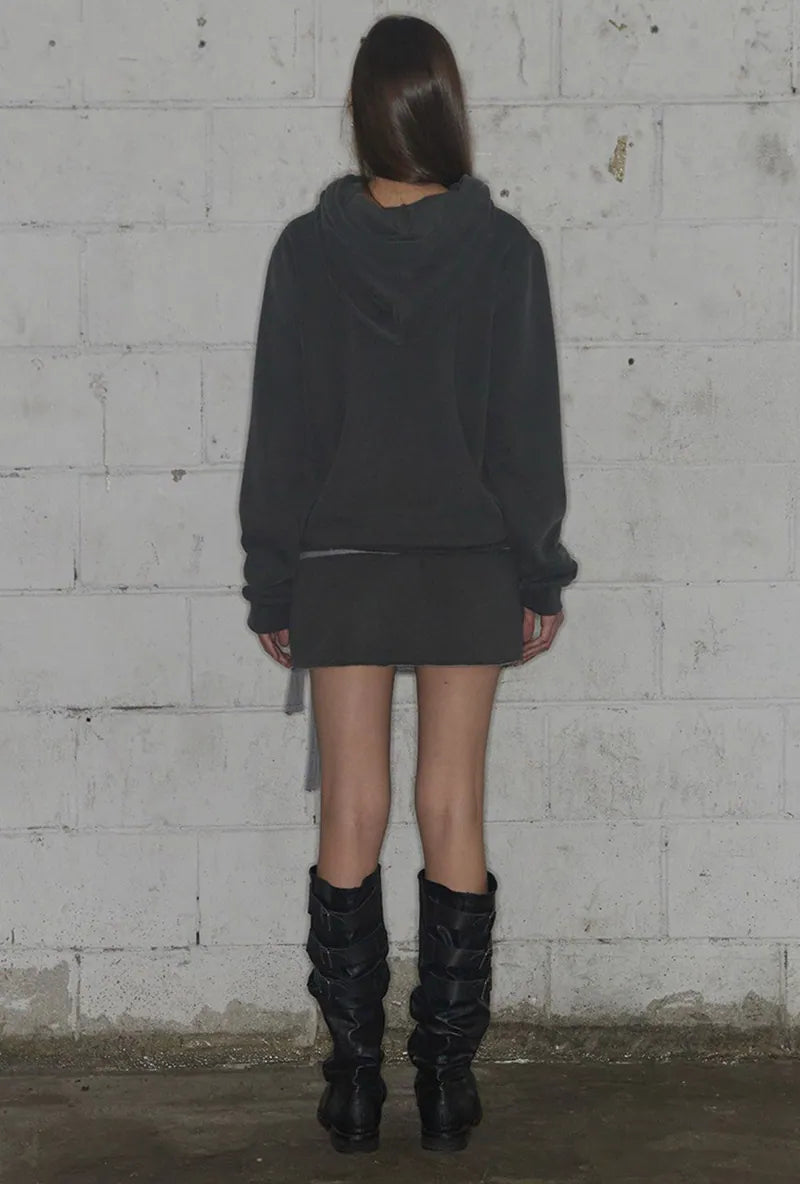【Fancy Club】DYE-WASH LAYERED HOODED ZIP-UP [Charcoal / Brown]