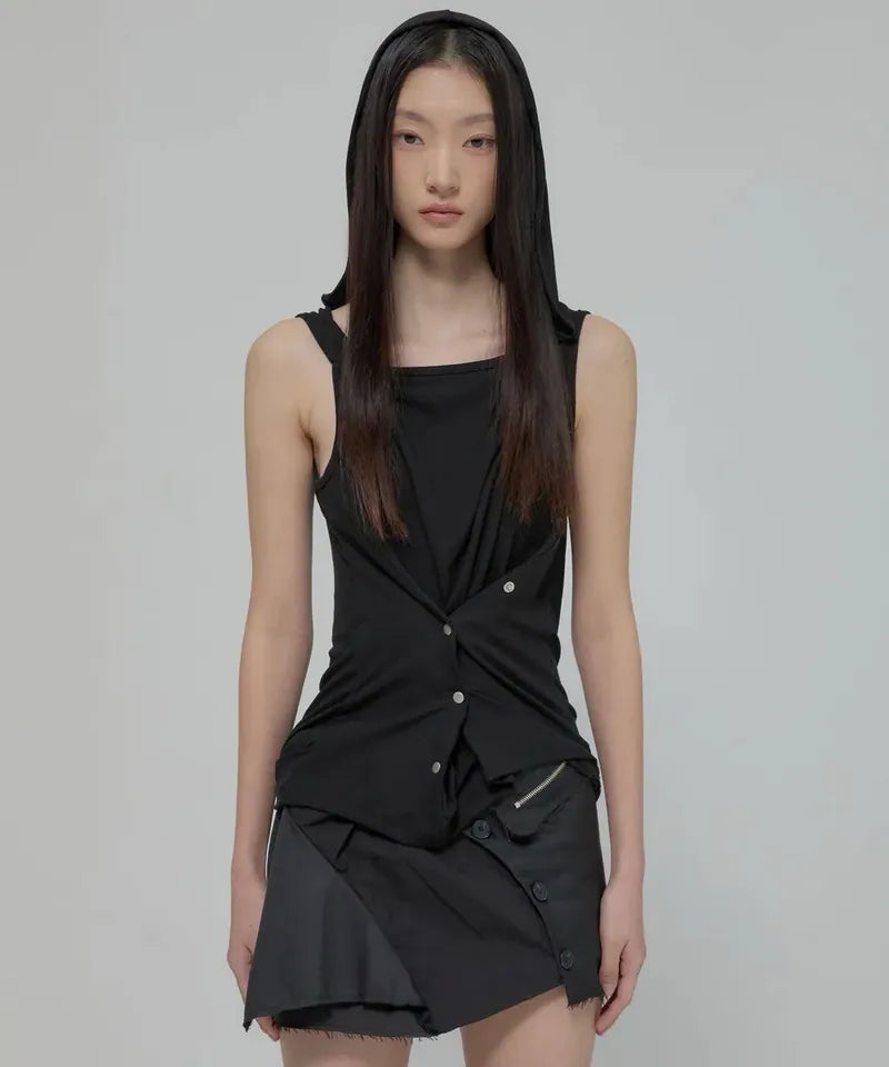 【Flare up】Asymmetric Snap Hoodie [Black / White / Gray]