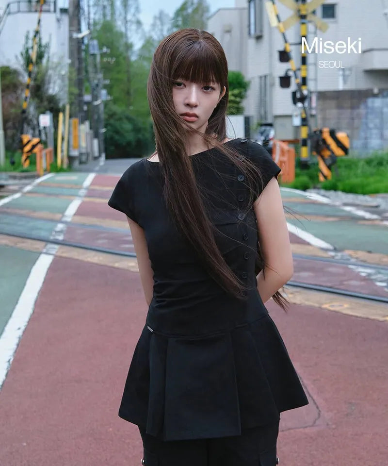 【Miseki seoul】Pleats button mini onepiece - BLACK / CHARCOAL