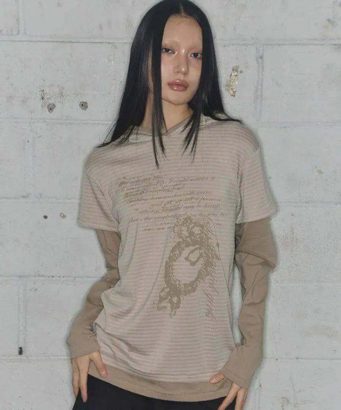 【Fancy Club】STRIPE LAYERED HOODIE [Beige / Black]