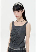 【typeservice】Striped Ruched Zip Tank [Charcoal]