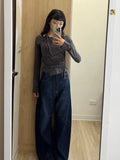 深藍色彎刀牛仔長褲