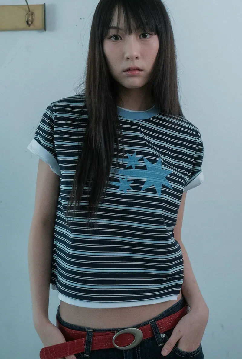 【niceghostclub】  stripe 3star basic tee [ oatmeal / navy ]