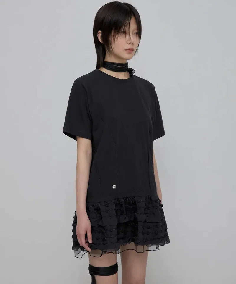 【Flare up】Layered Frill T-Shirt [White / Black]