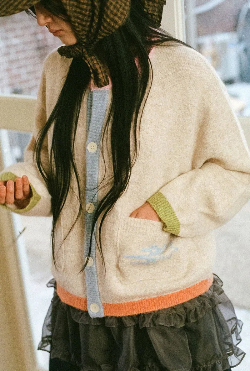 【niceghostclub】COLOR BLOCK KNIT CARDIGAN [GREY / IVORY]