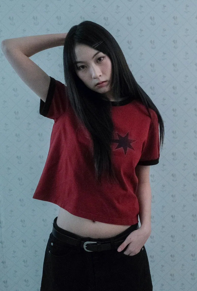 【niceghostclub】  vintage 3star basic ringer tee [ burgundy / charcoal ]
