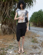 【kijun】Print Cap Sleeve Top [Blue / Charcoal]