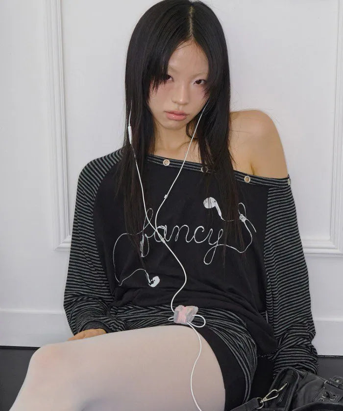 【Fancy Club】DRAWING STRIPE OFF-SHOULDER [Gray / Black]