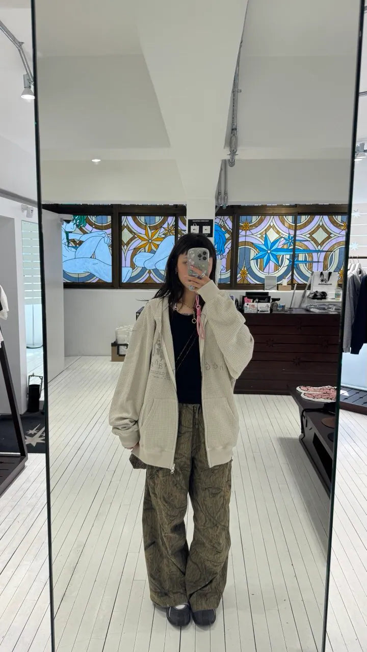 【niceghostclub】the girl gang waffle hoodie zipup [beige / navy]