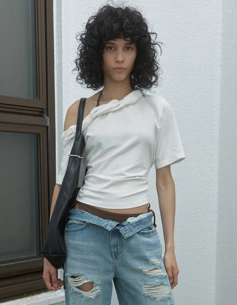 【kijun】Twist One-Shoulder Top [Off-White / Charcoal]