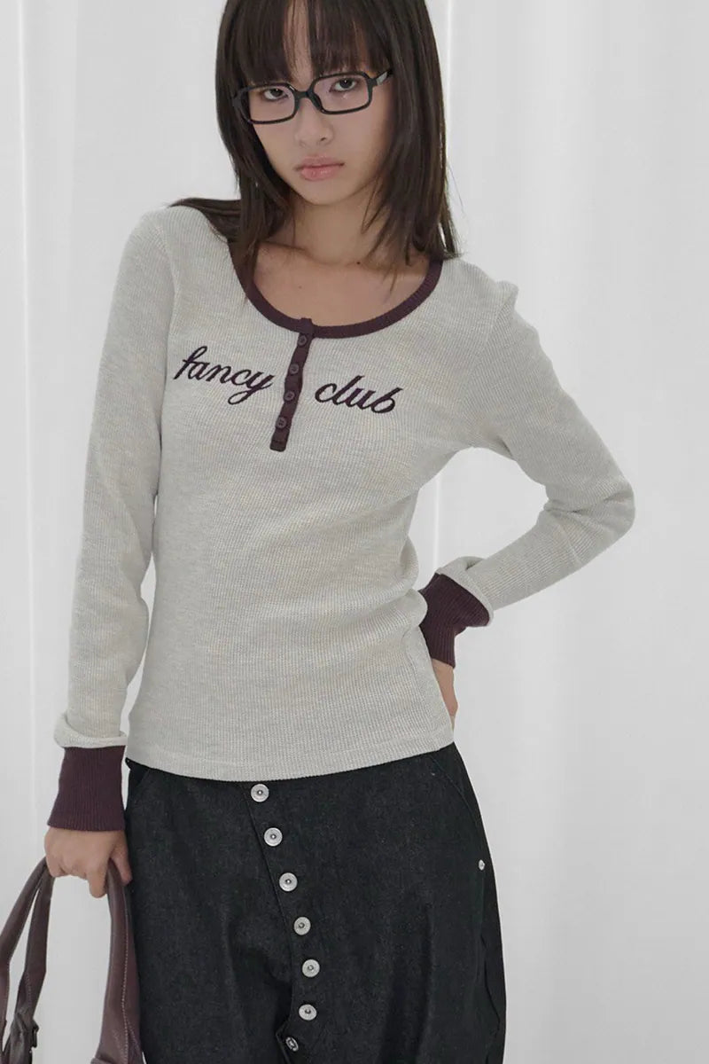 【Fancy Club】HENLEY NECK WAFFLE LONG SLEEVE [Beige / Gray]