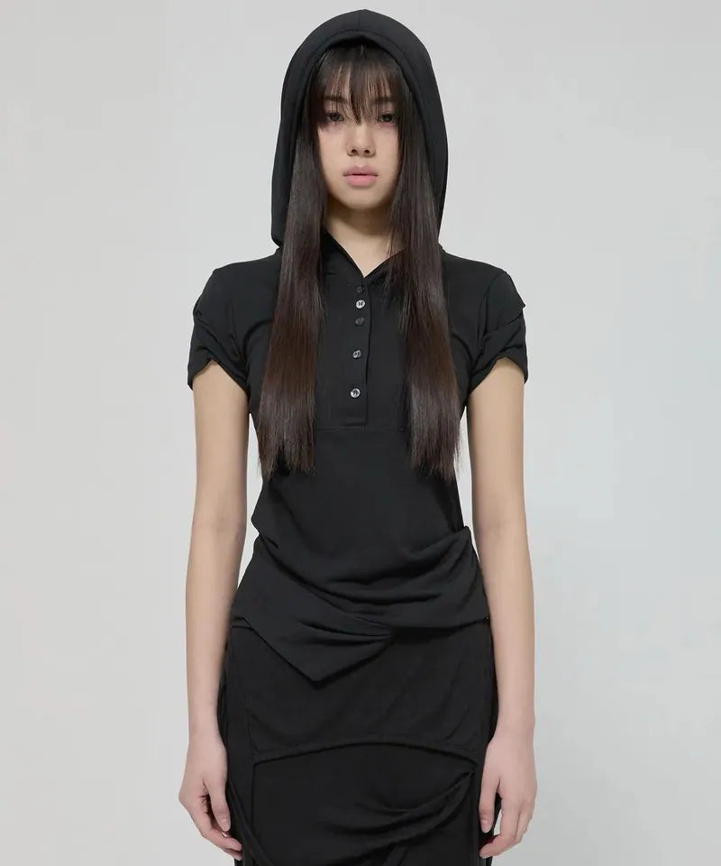 【Flare up】Asymmetrical Draped Hoodie [Black / Gray]