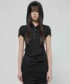 【Flare up】Asymmetrical Draped Hoodie [Black / Gray]
