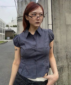 【JEANASIS x 25quee】格子澎澎短袖襯衫 - 3 colors