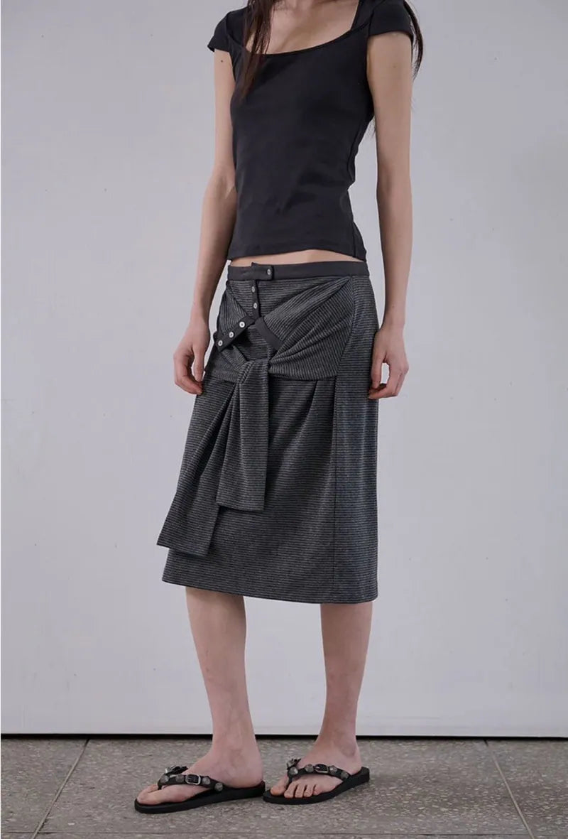 【ORDES】STRIPE WRAP TIE SKIRT - GREY / CHARCOAL