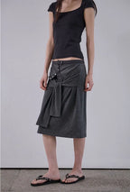 【ORDES】STRIPE WRAP TIE SKIRT - GREY / CHARCOAL