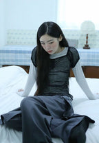 【Uglyshadow】 DOT SHIRRING BLOUSE [ BLACK / BLUE ]
