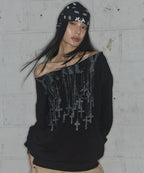 【Fancy Club】NECKLISS ONE-SHOULDER SWEATSHIRT [Gray / Black]