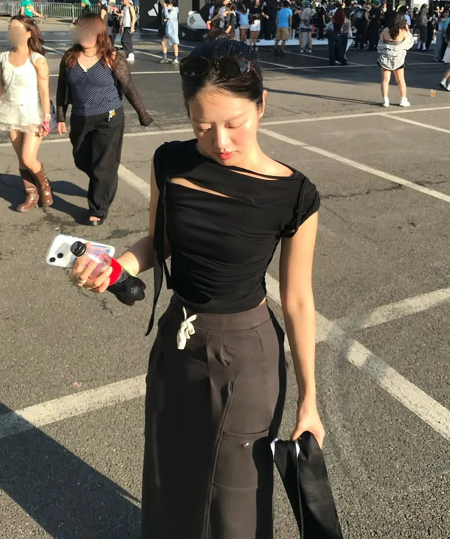 【Flare up】Asymmetrical Draped Strap Roll-Up T-Shirt [4 colors]