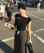 【Flare up】Asymmetrical Draped Strap Roll-Up T-Shirt [4 colors]
