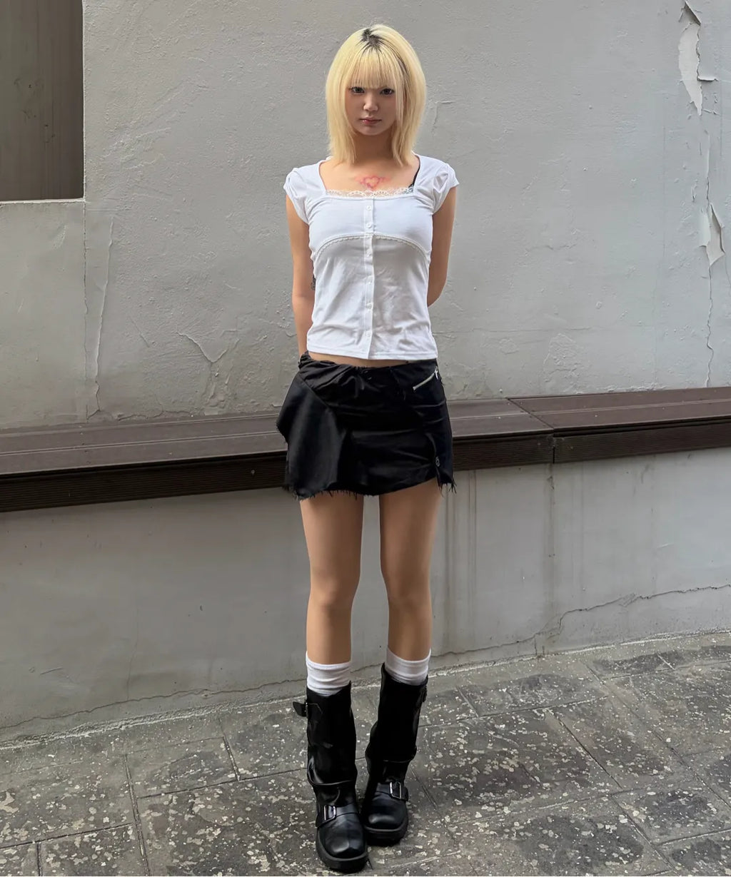 【Flare up】Lace Sleeve Top [Black / White / Gray]