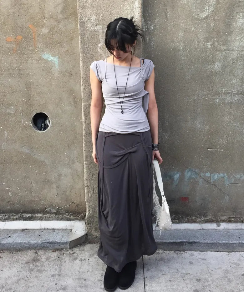 【Flare up】Asymmetrical Draped Long Skirt - 3 colors